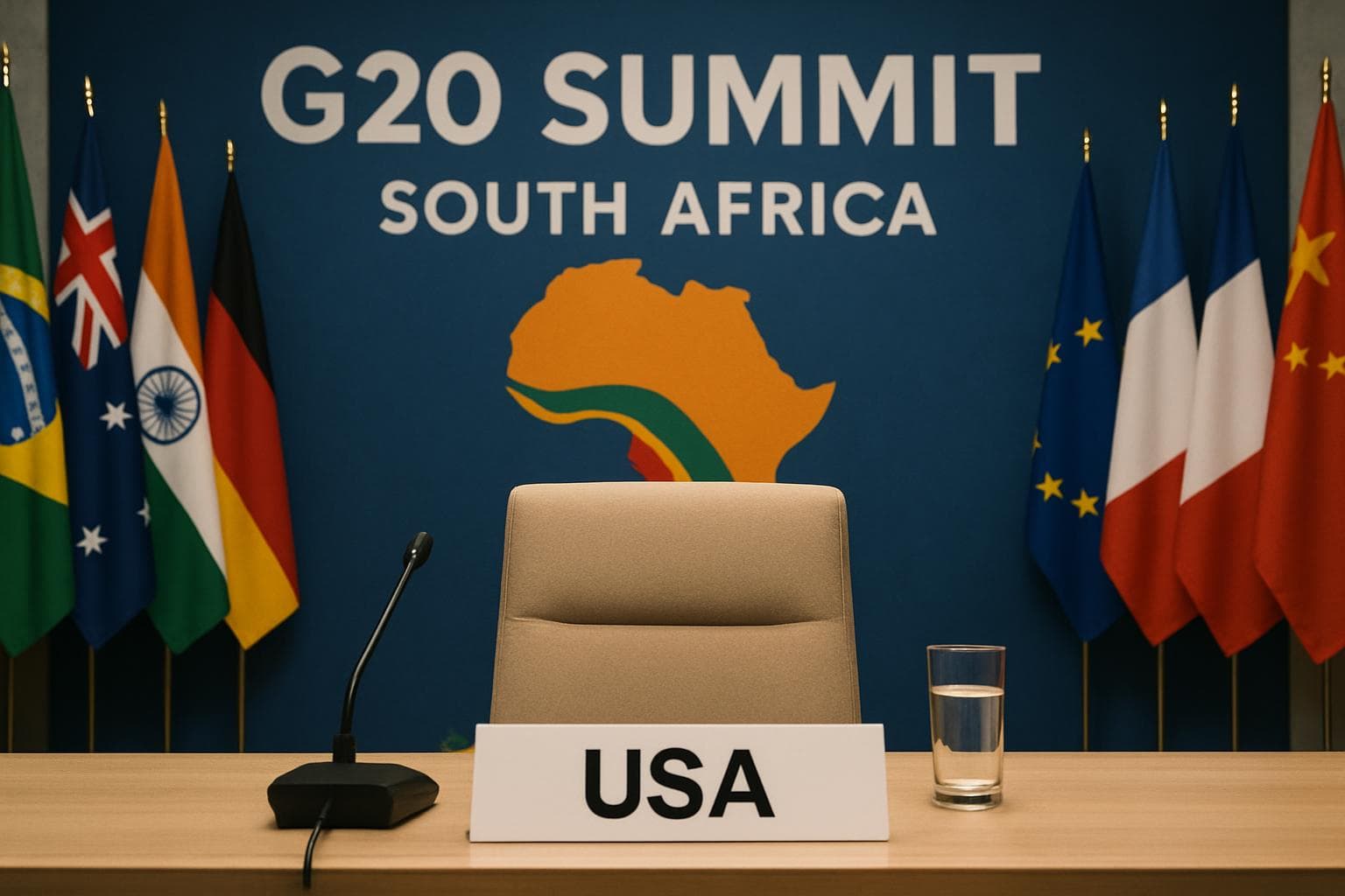 G20 summit with an empty USA chair and international flags