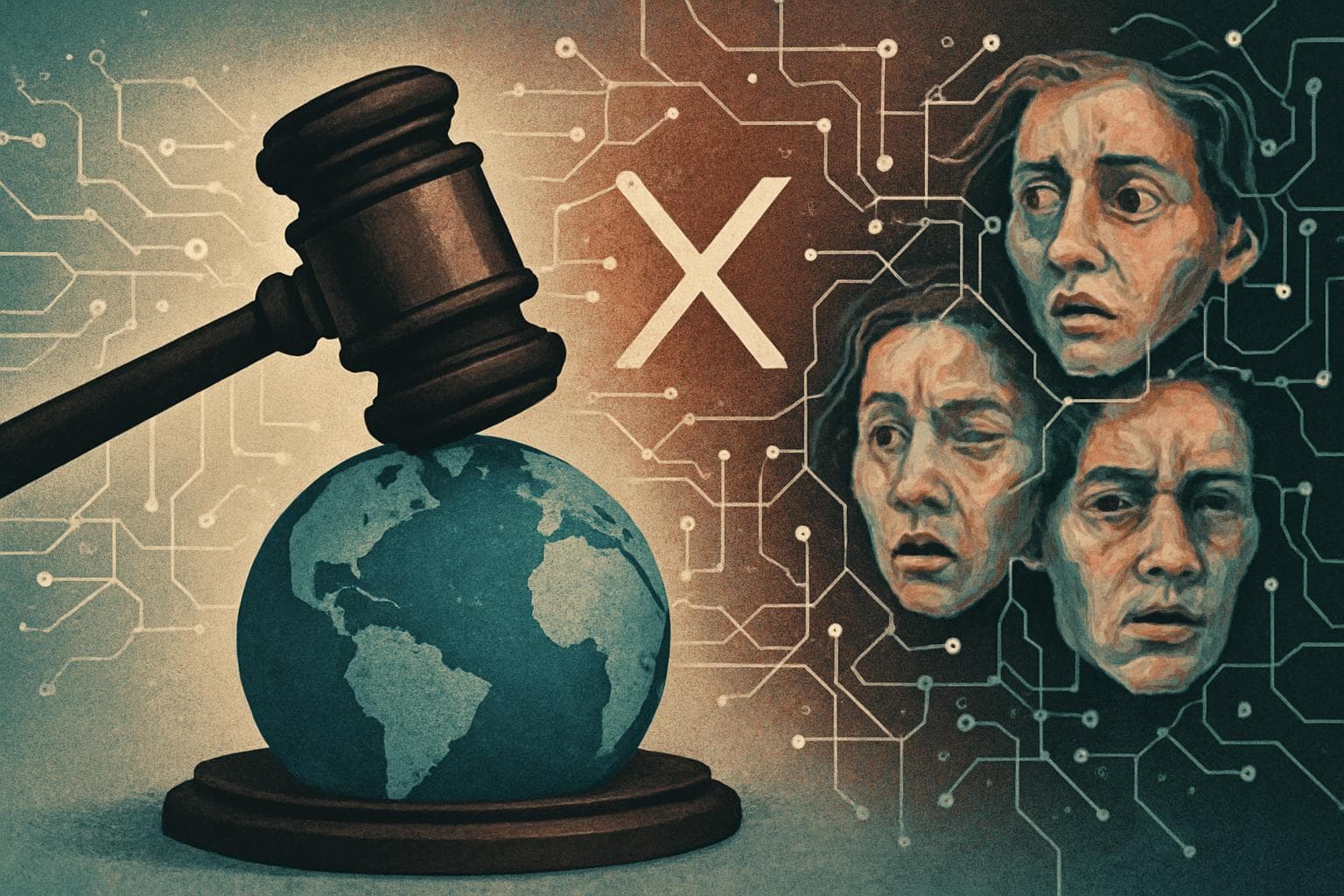 Gavel over a globe with AI networks and distorted faces
