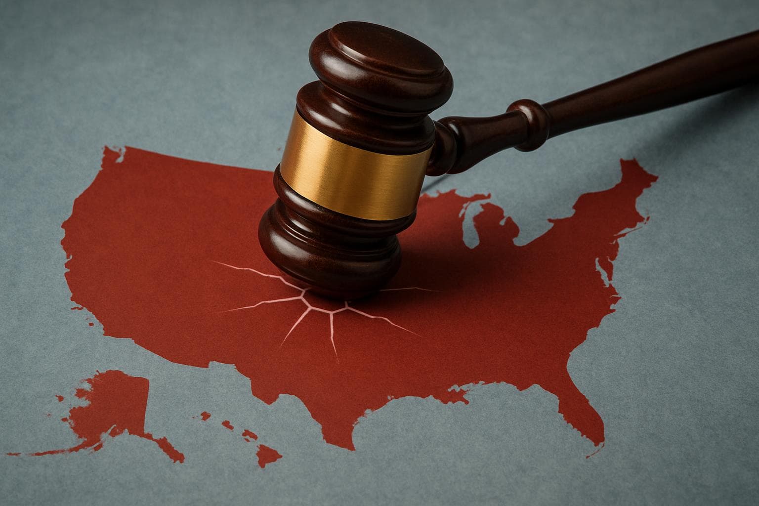 Gavel striking a map of the United States