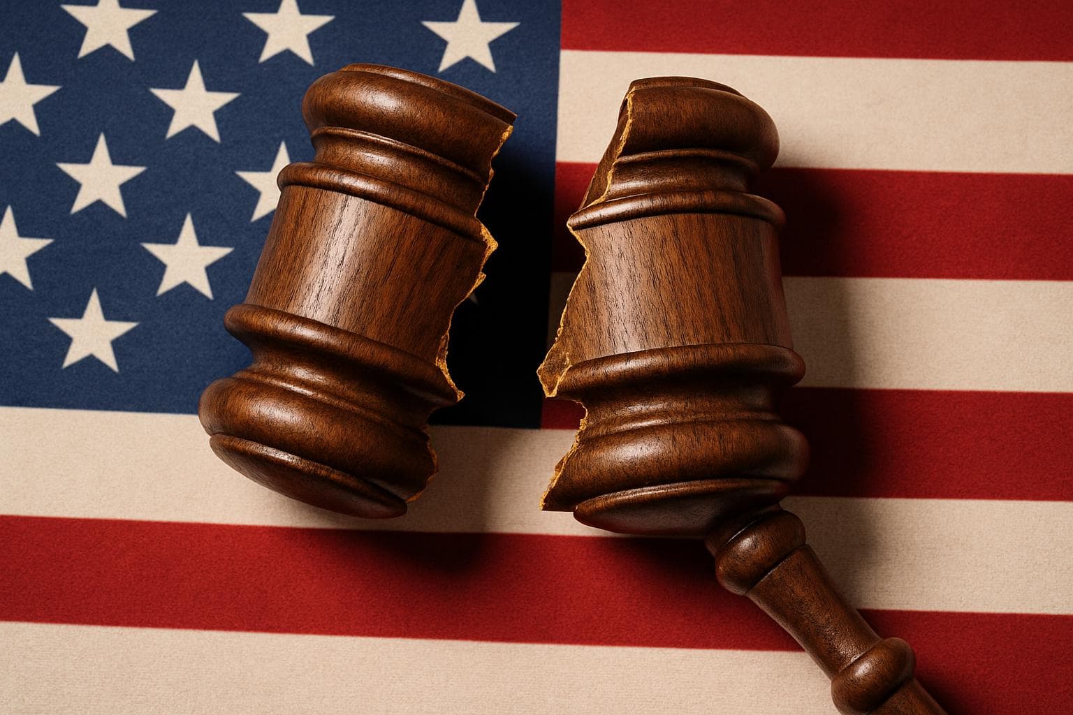A split gavel over an American flag background