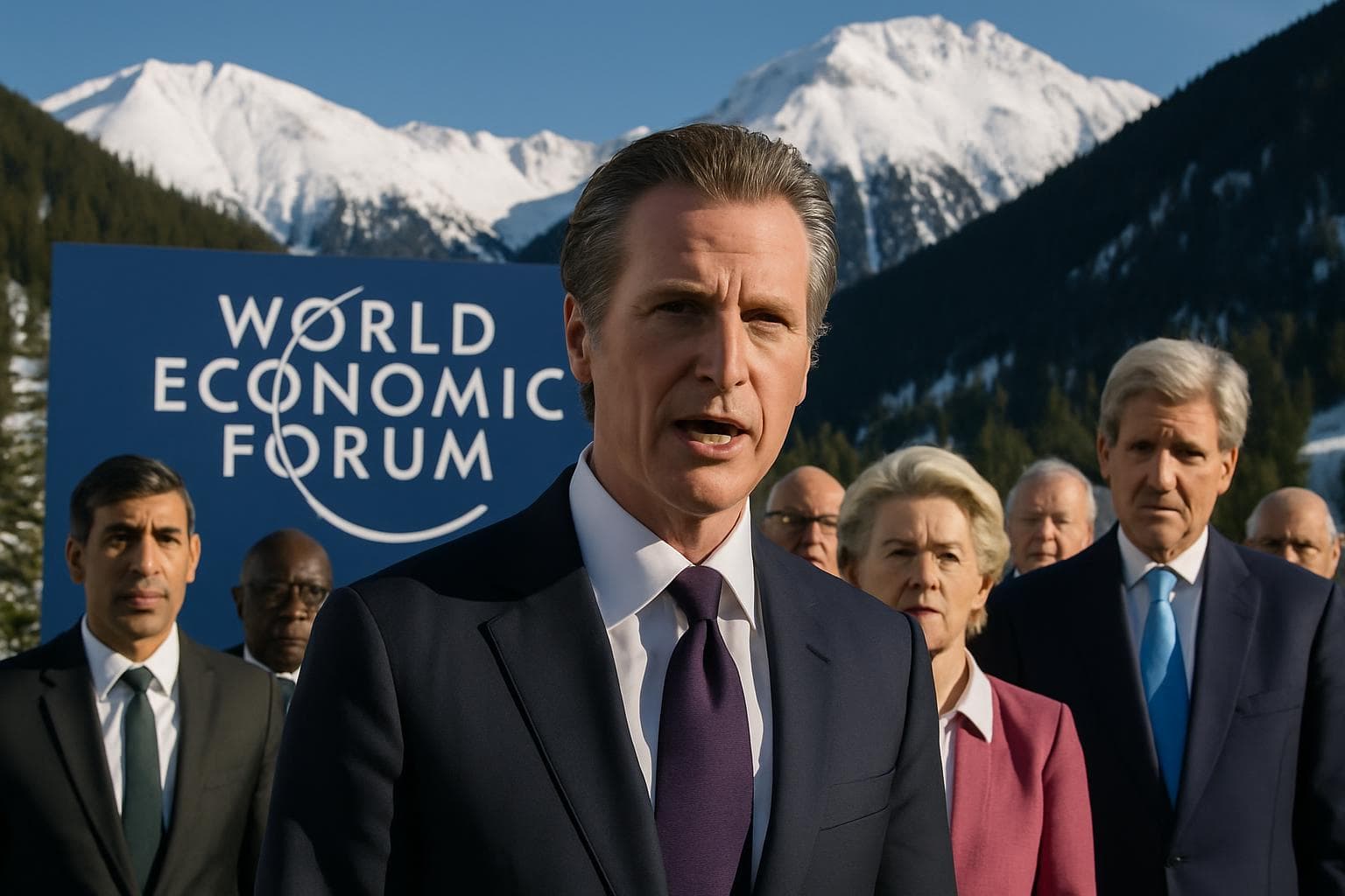 Gavin Newsom at World Economic Forum in Davos with snowy mountains
