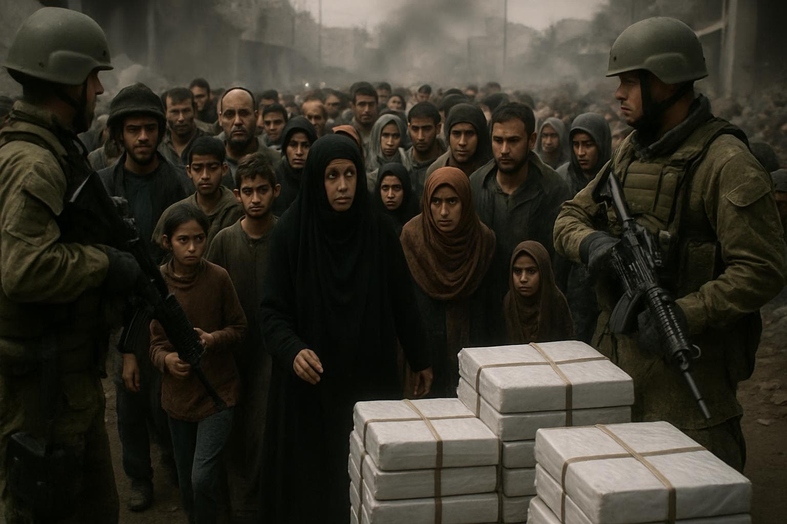 Armed guards overseeing a crowd at Gaza aid site