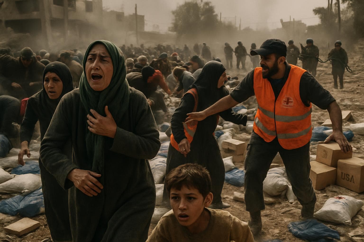 Civilians and aid workers at a chaotic Gaza distribution site