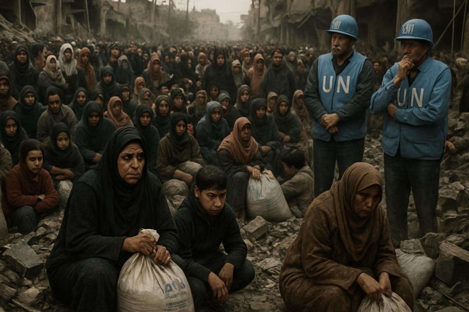 Crowded aid distribution point in Gaza with civilians and UN officials