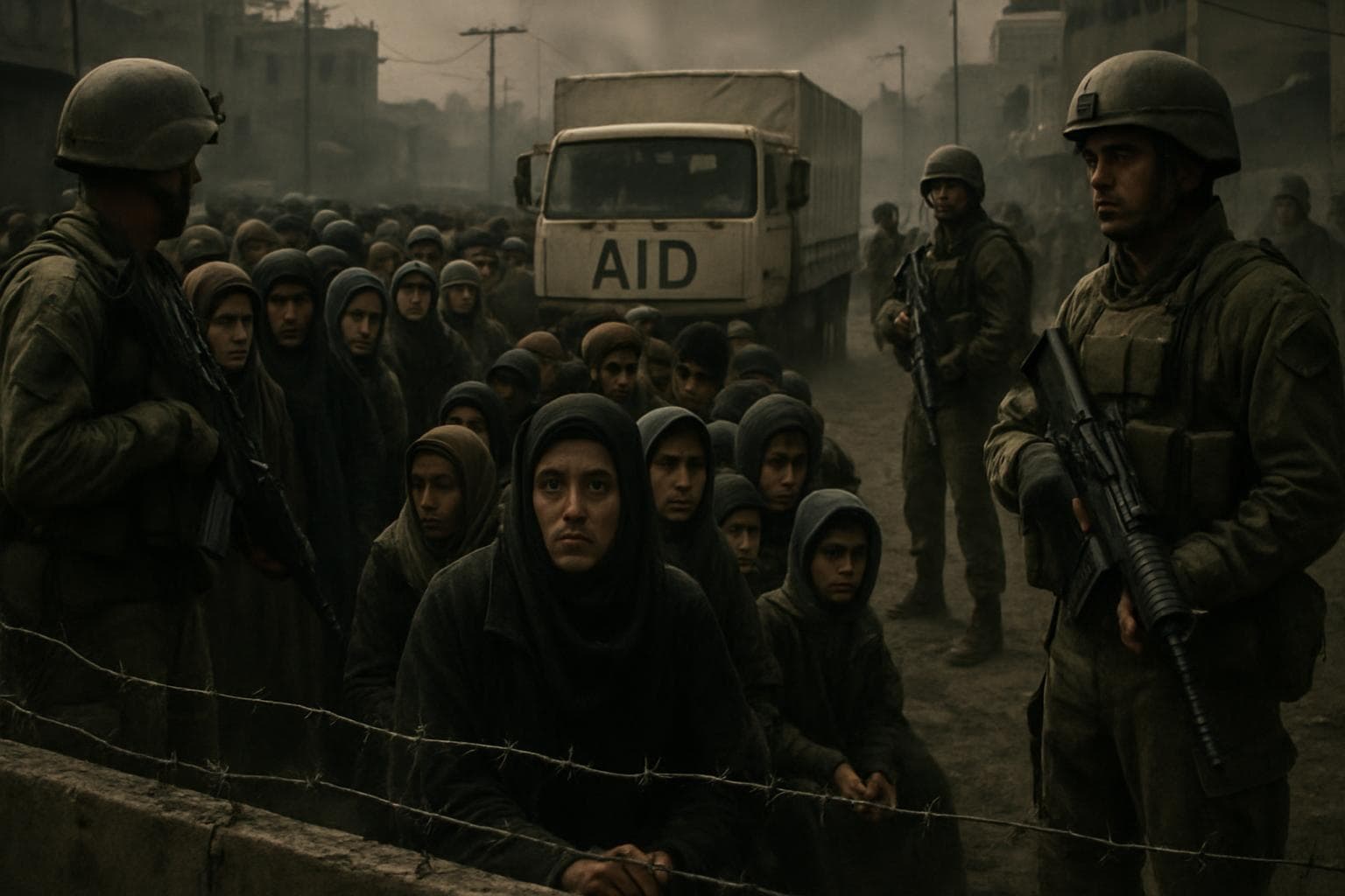 People lined up at a guarded aid distribution site in Gaza
