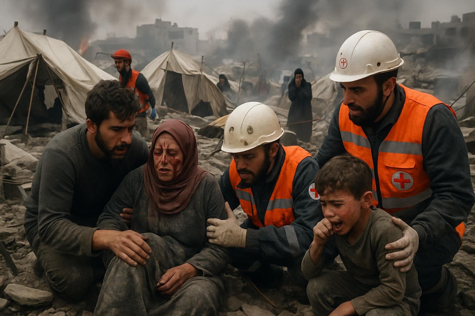 Devastated tent settlement in Gaza with injured civilians and responders