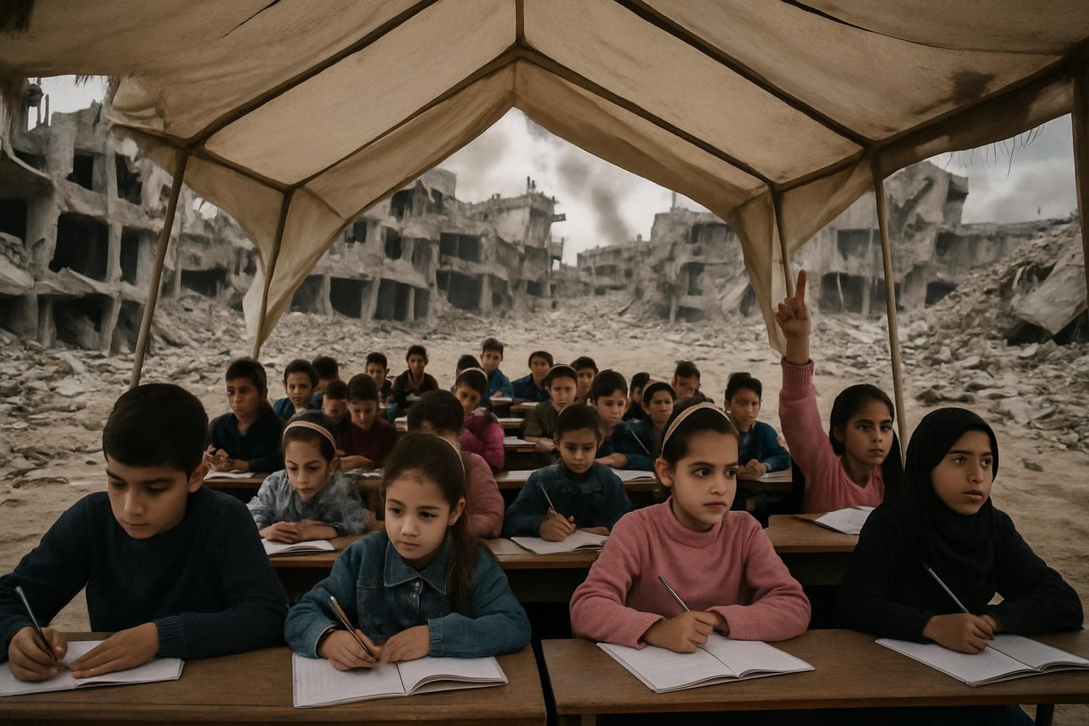 Children in Gaza studying in a tent classroom with damaged buildings nearby