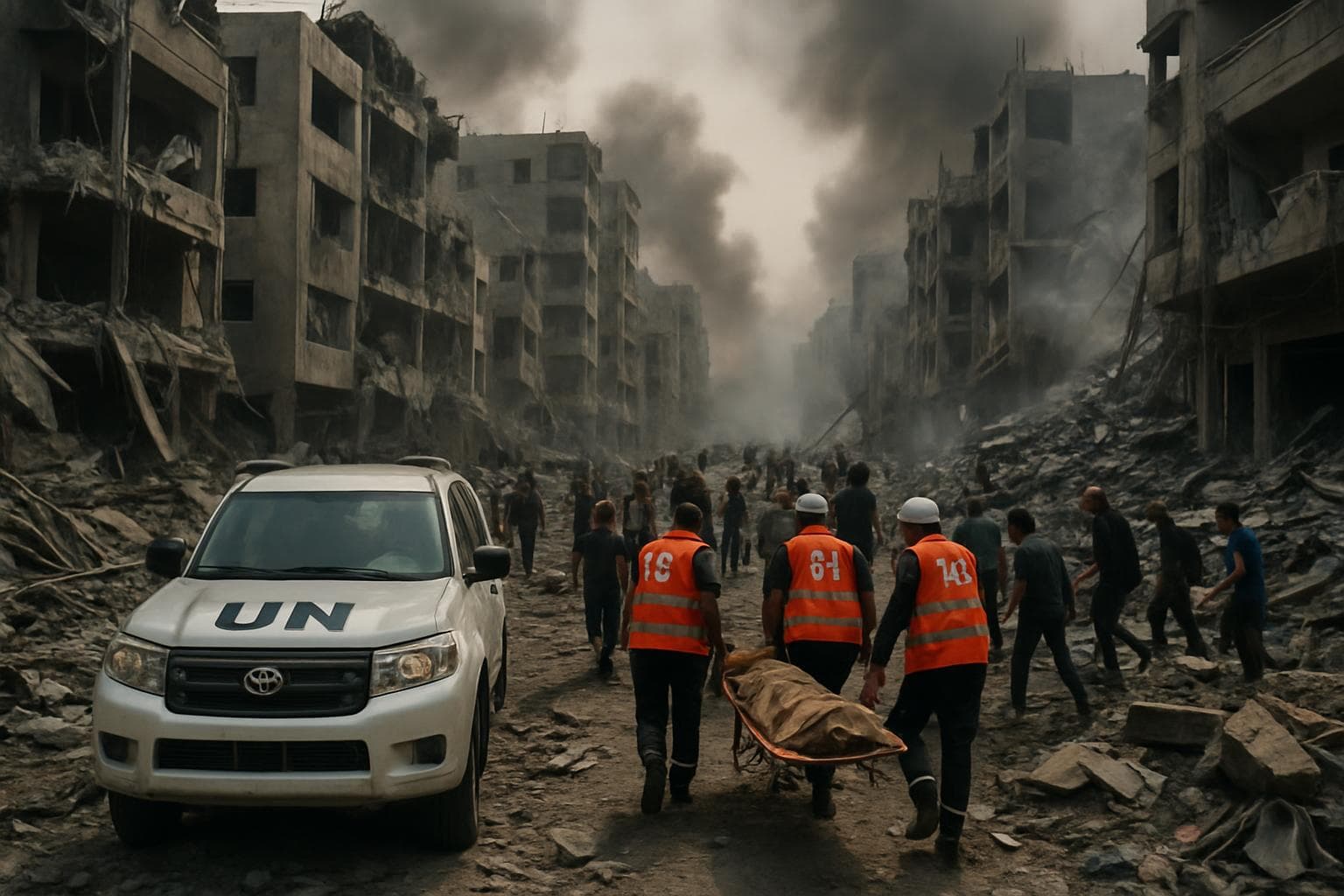 Devastated urban scene in Gaza City with destroyed buildings