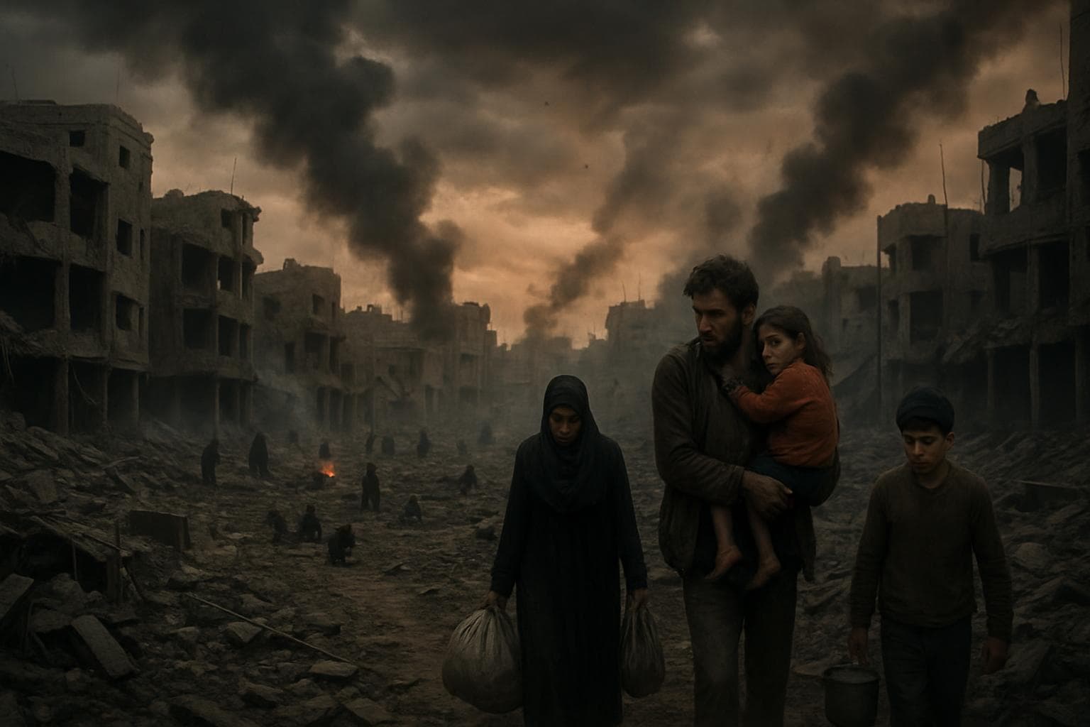 Gaza cityscape with smoke rising from damaged buildings