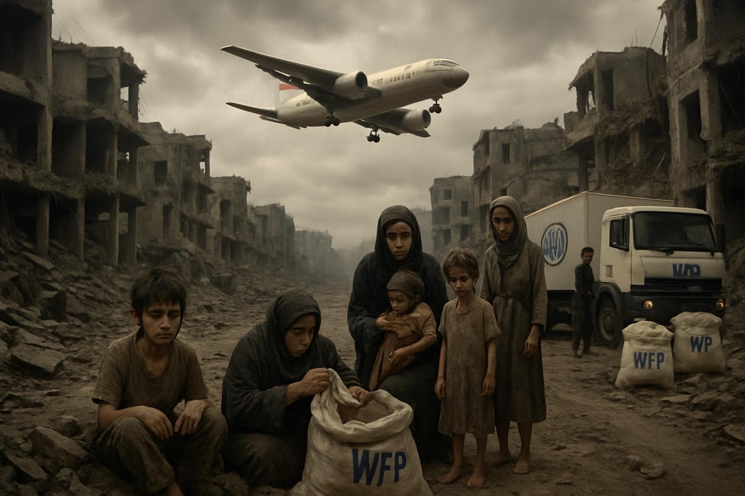 Devastated Gaza cityscape with people in need of aid