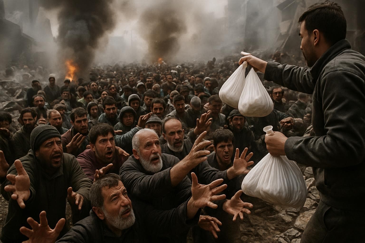 Large crowd in Gaza gathered for food aid with smoke rising