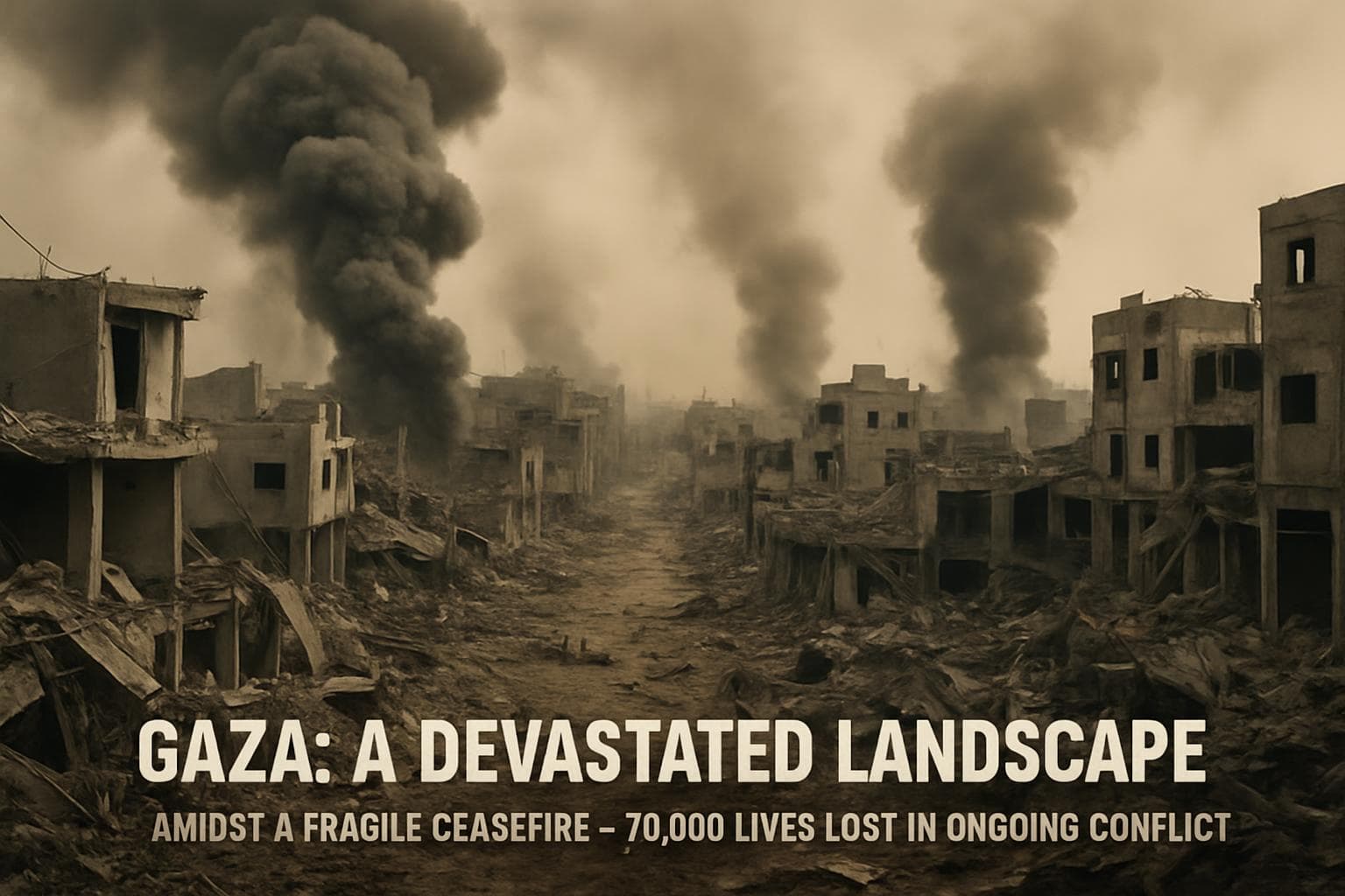 Smoke rising over a devastated landscape in Gaza