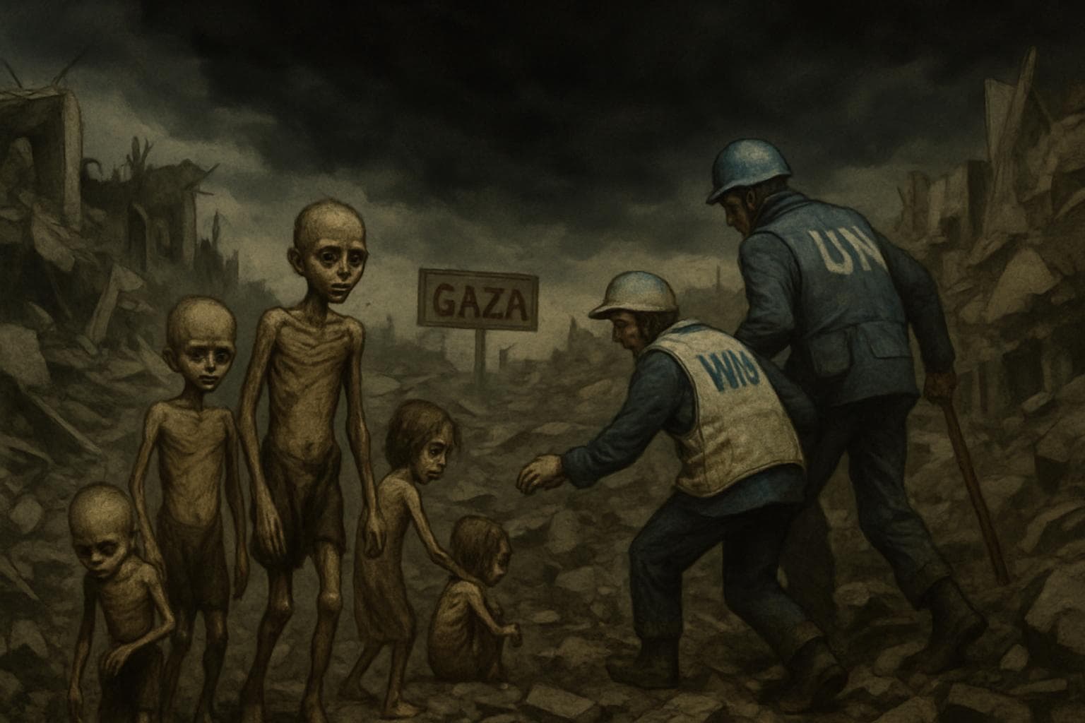 Emaciated figures and aid workers in devastated Gaza