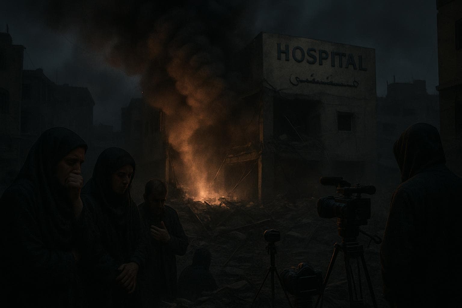 Nighttime scene of Gaza hospital ruins with smoke and mourners
