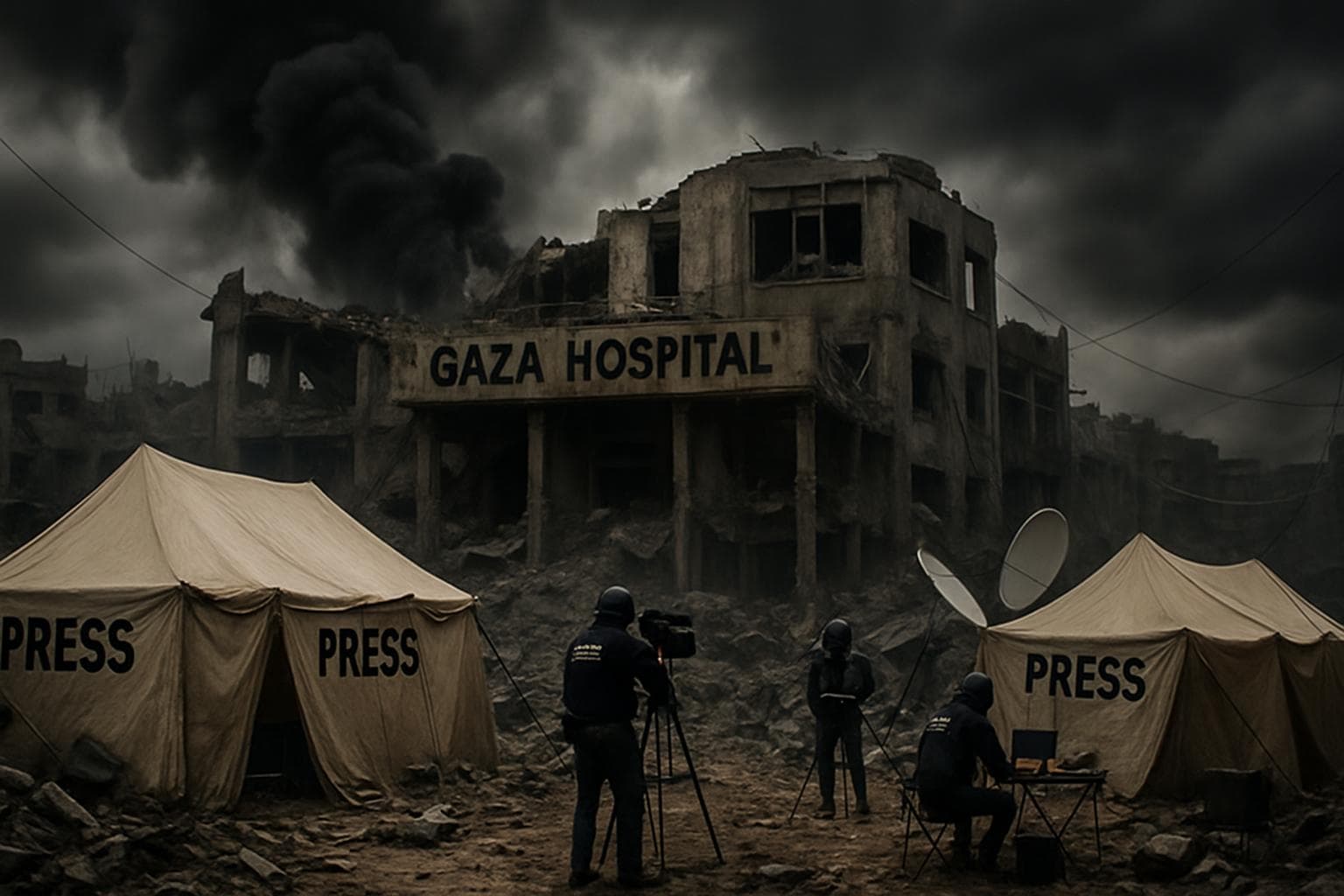 Devastated Gaza hospital with tents and journalists