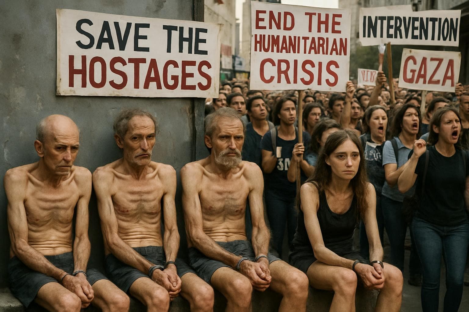 Emaciated hostages in Gaza with protestors demanding action