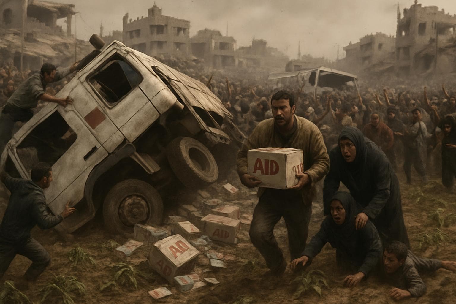 Overturned aid trucks and chaotic crowd in Gaza