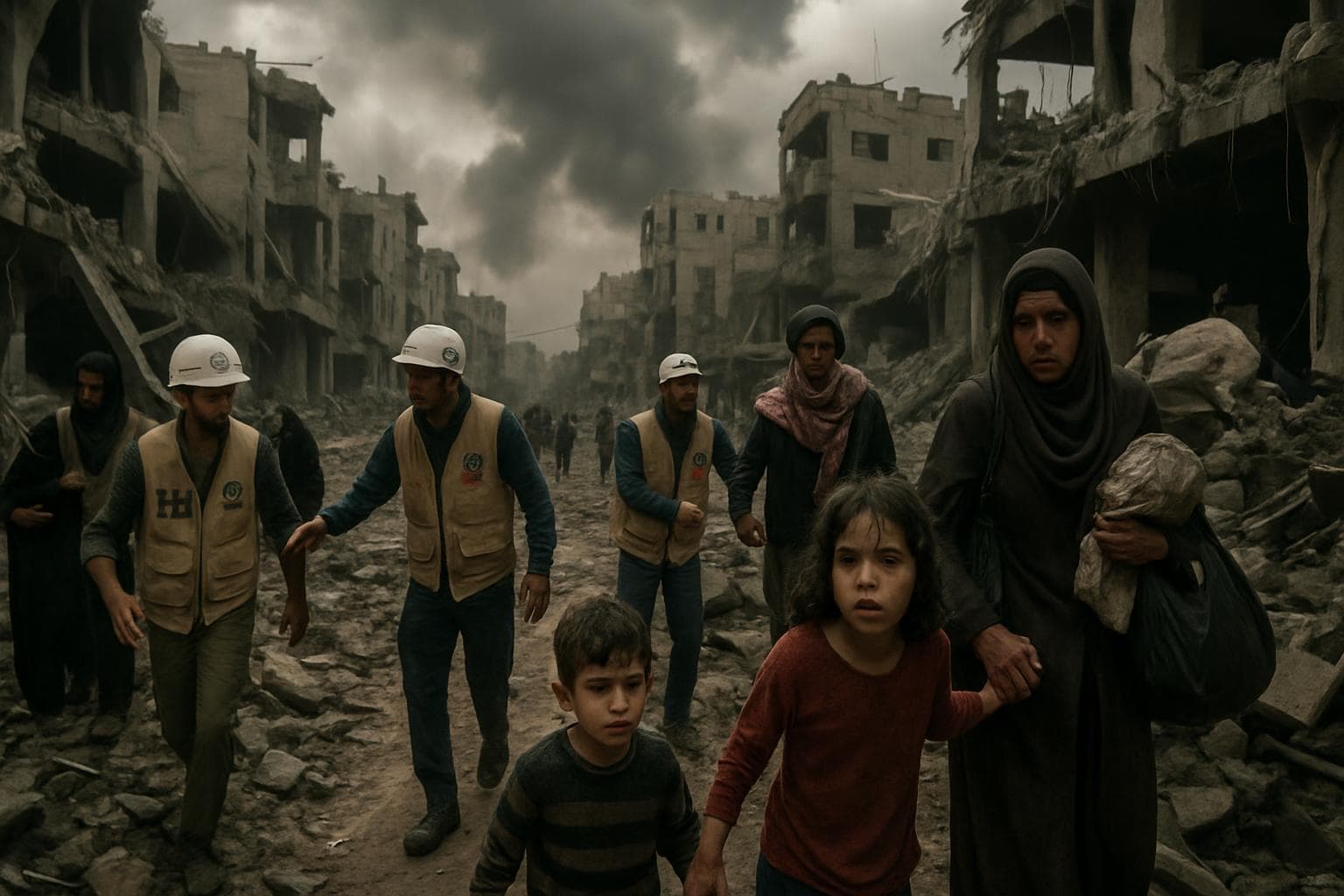 Fleeing families in a destroyed Gaza neighborhood