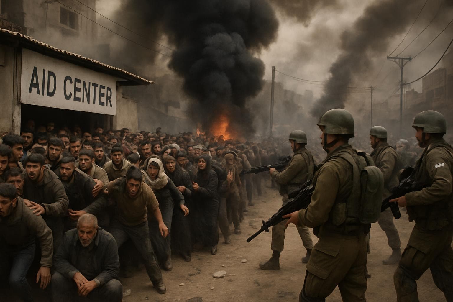 Crowd of Palestinians near aid center with Israeli forces