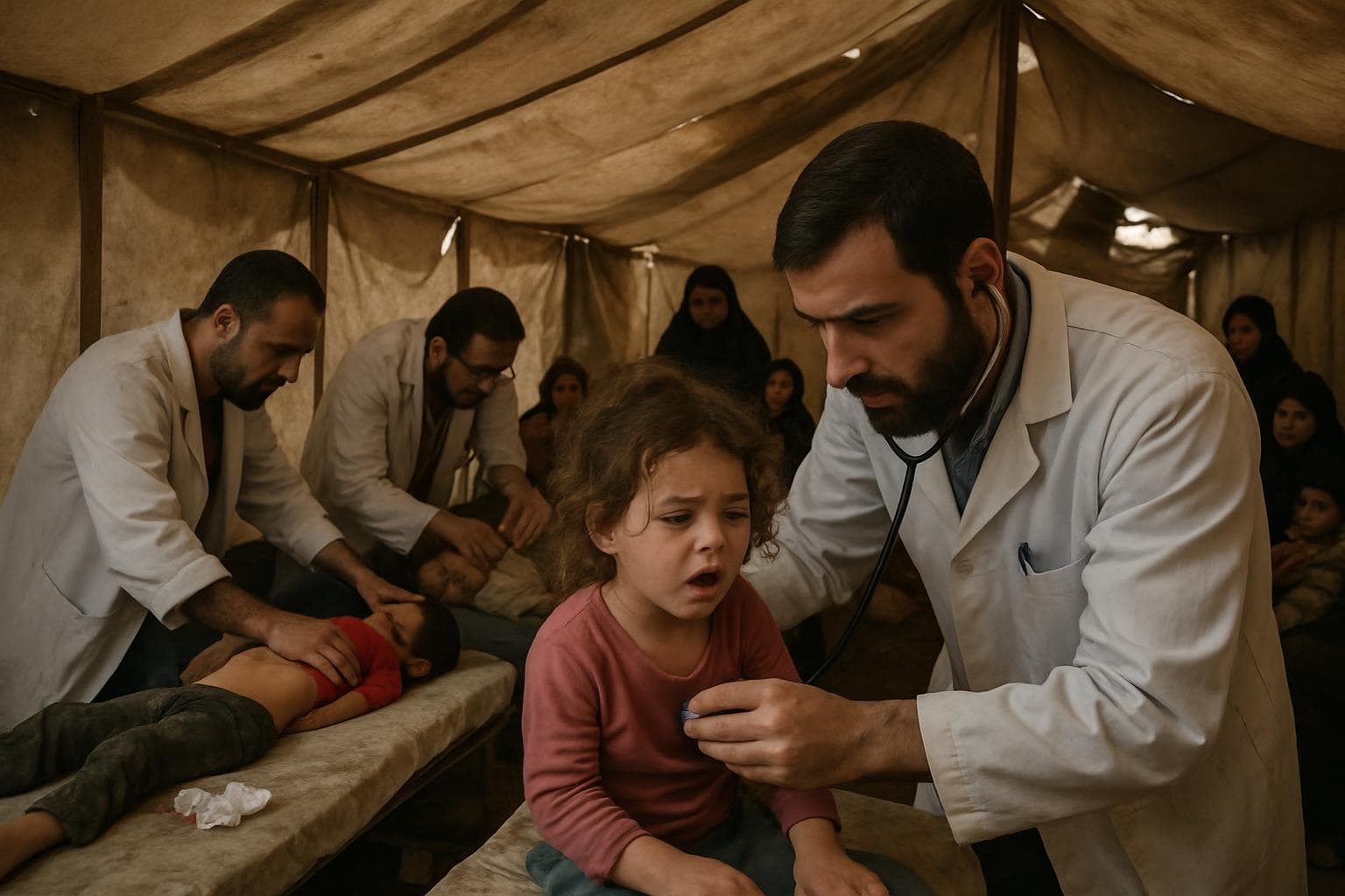 Doctors treating children in a Gaza tent clinic
