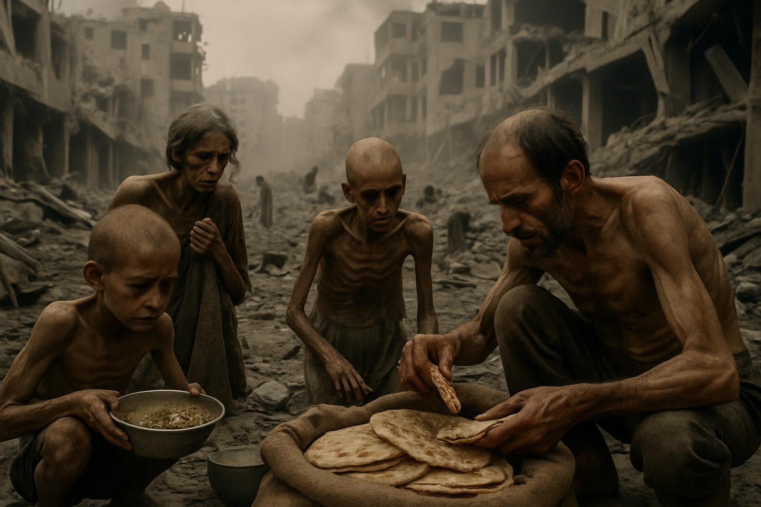 Devastated urban landscape in Gaza with emaciated people