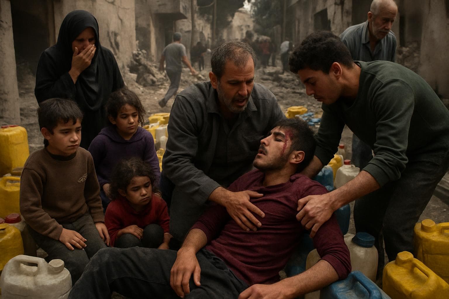 Civilians and children at Gaza water collection point after airstrike
