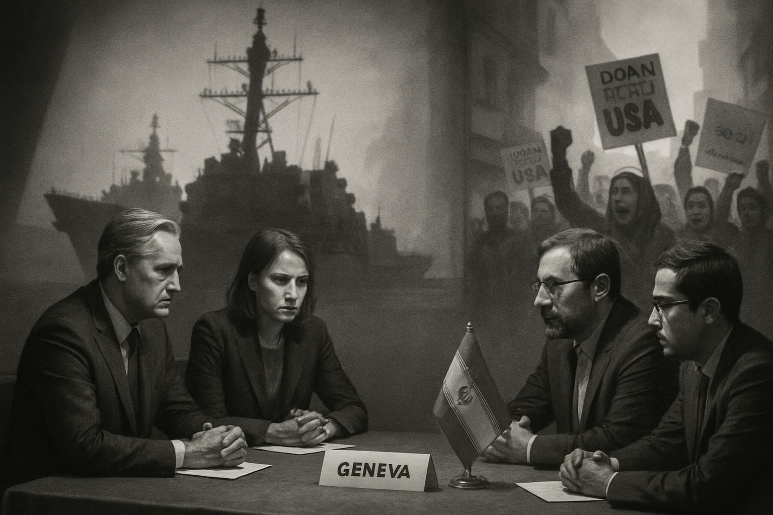 Diplomatic table at Geneva talks with US ships and Iranian protests
