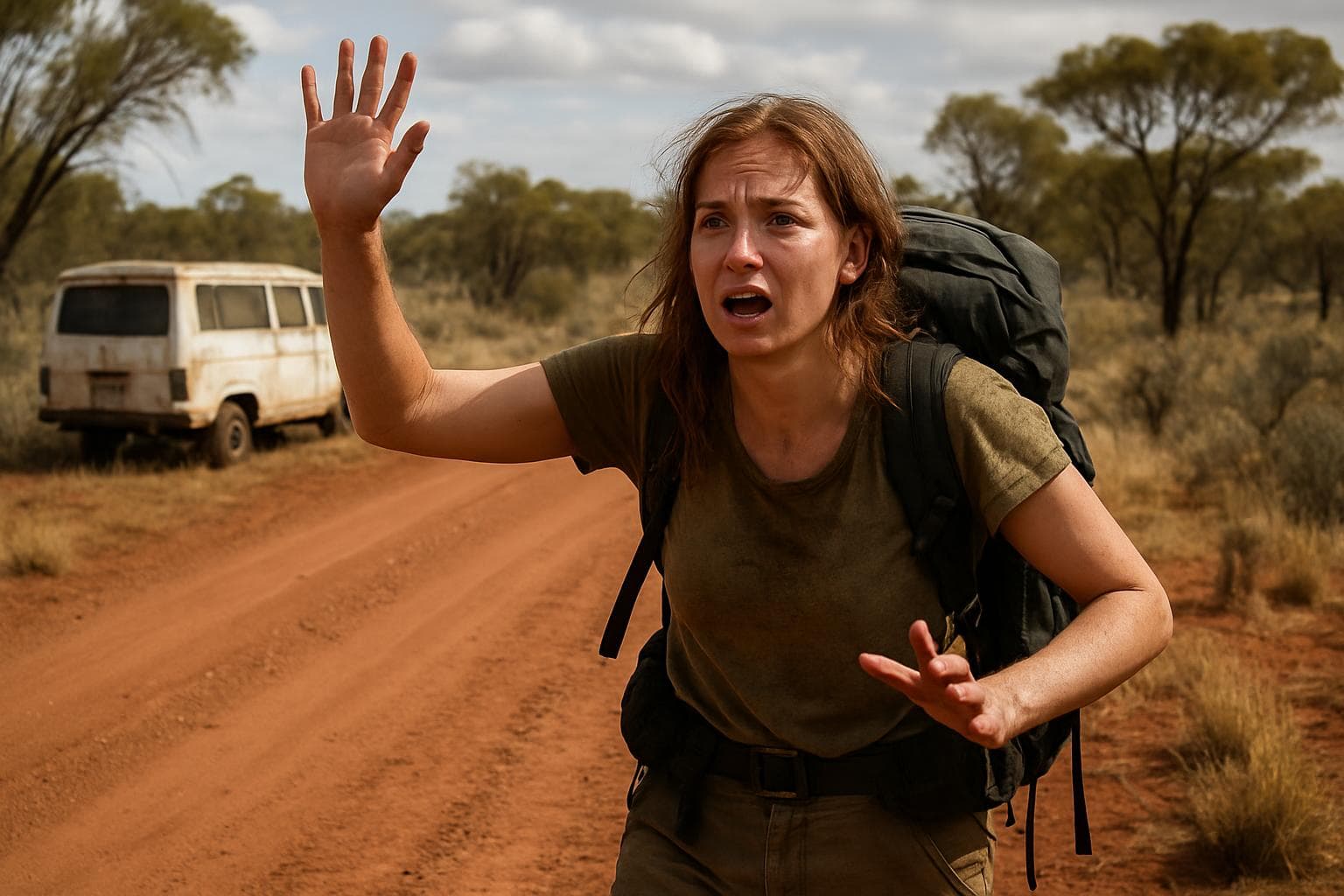 German backpacker waving for help by the roadside