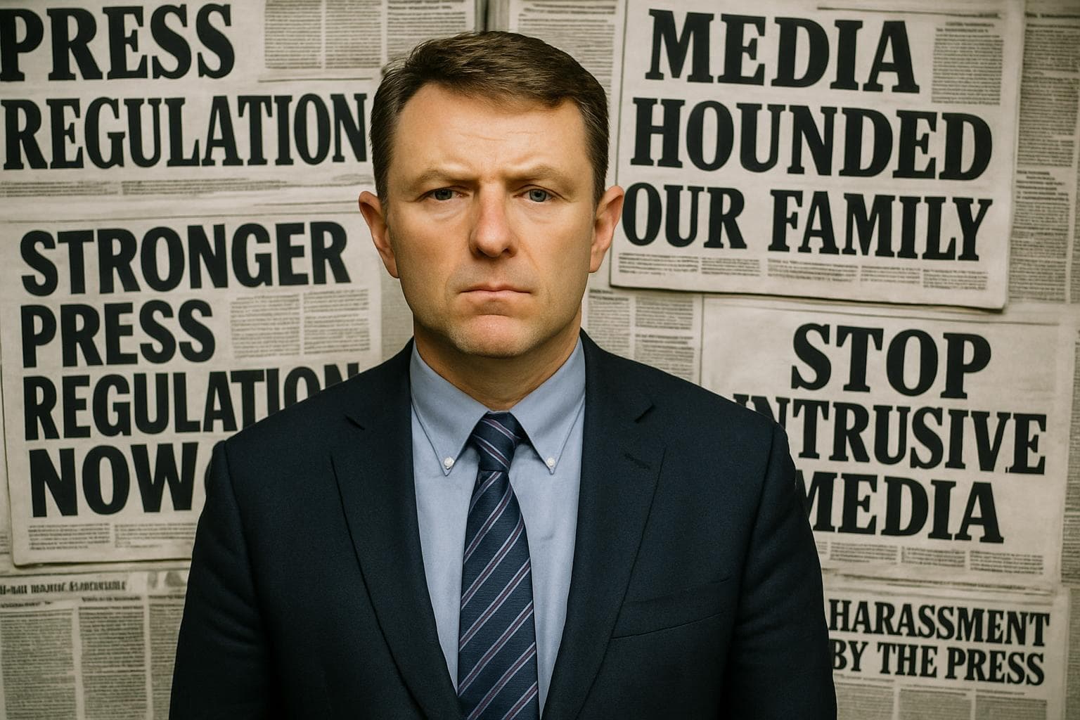 Gerry McCann stands in front of newspaper headlines