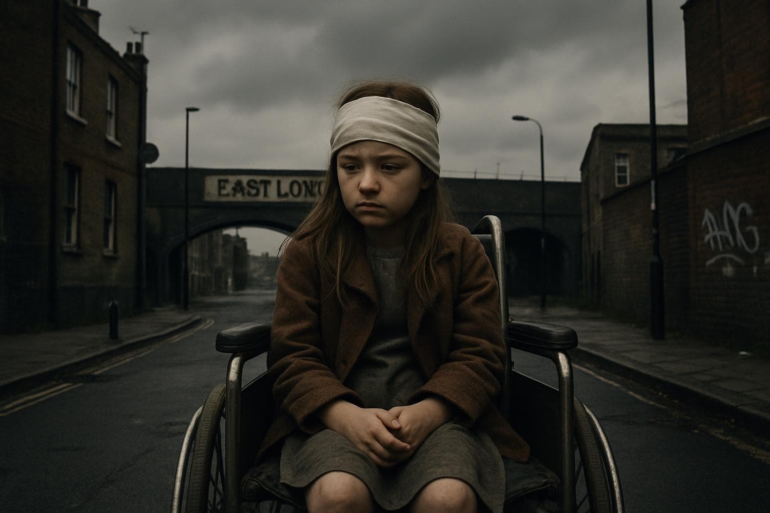 Girl in wheelchair with bandaged head in East London