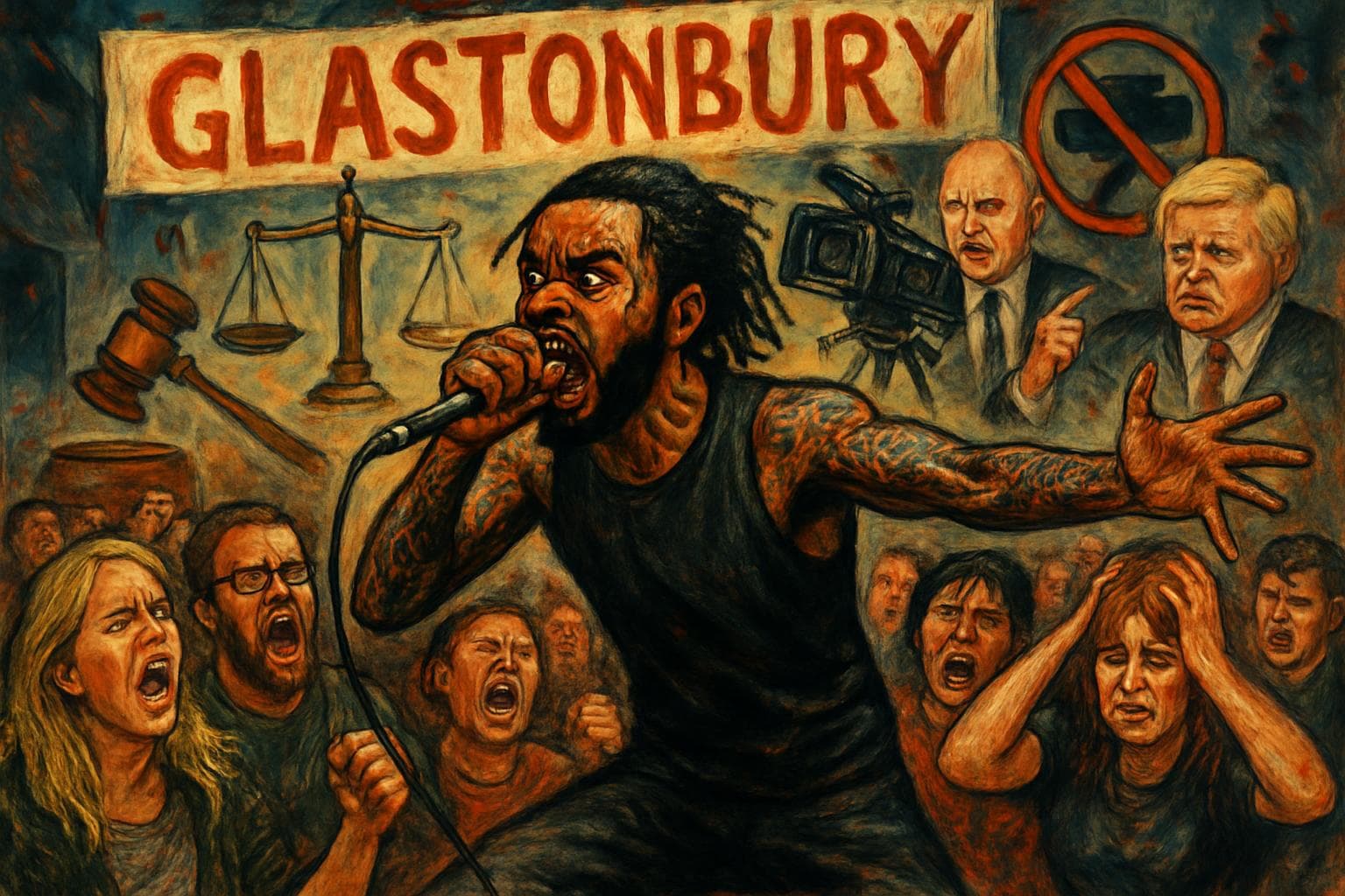 Bob Vylan performing at Glastonbury with crowd and symbols