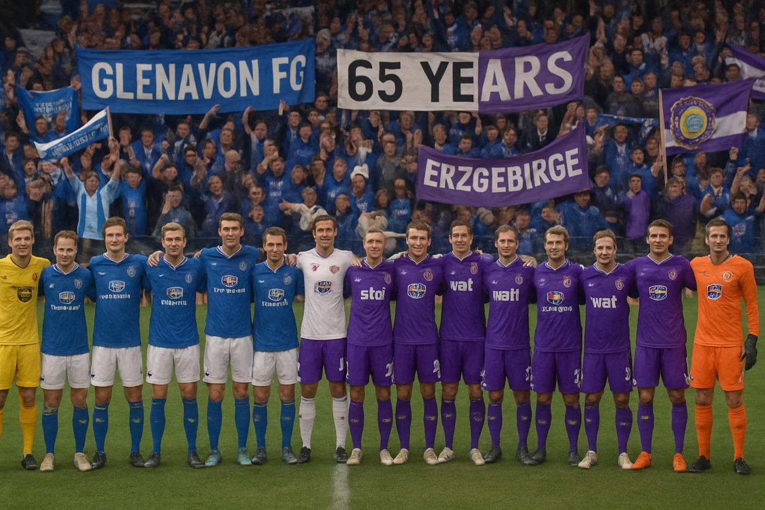 Glenavon FC and Erzgebirge Aue teams with celebrating fans