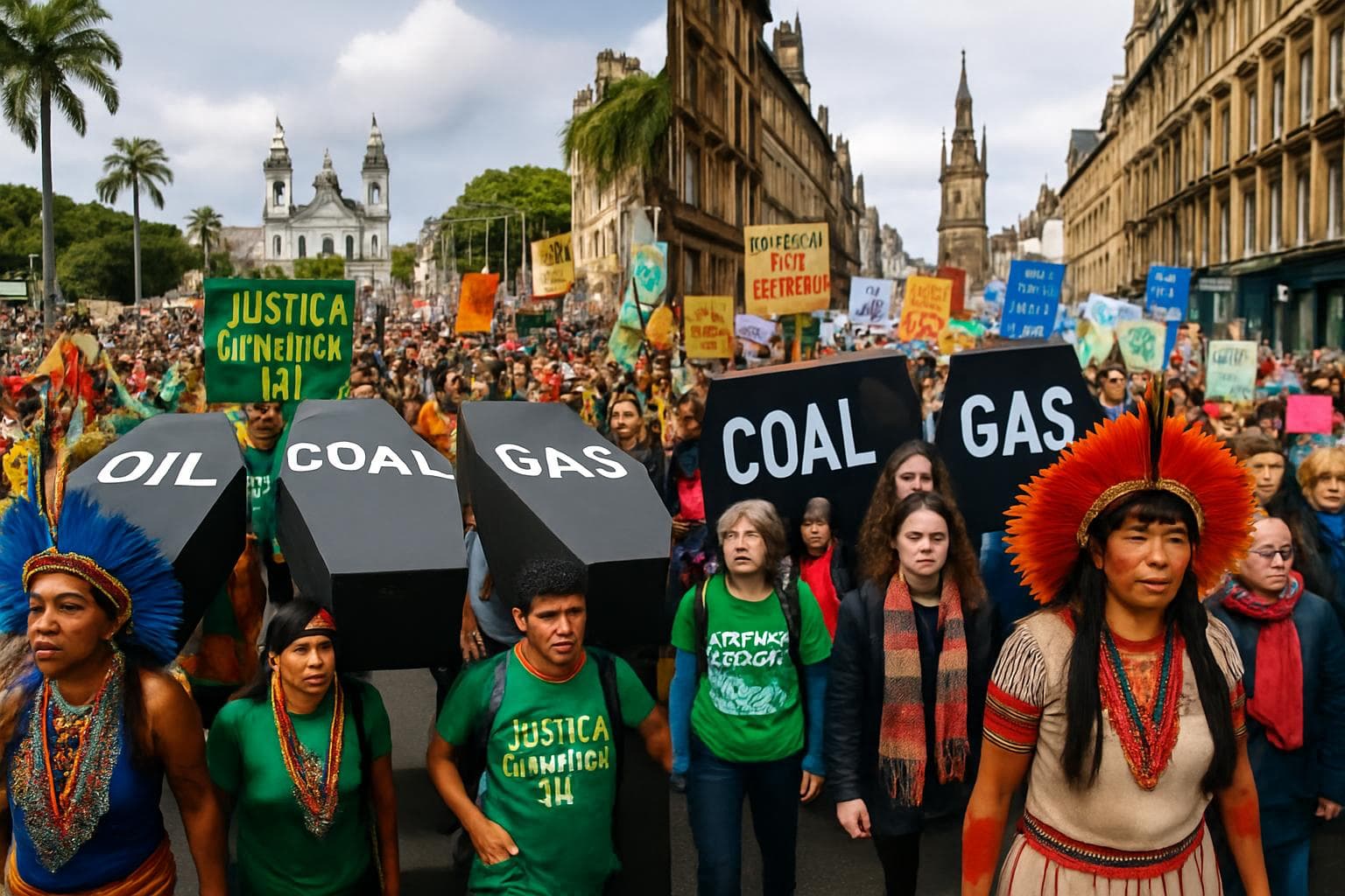 Protesters in Brazil and Scotland with giant coffins labeled Oil, Coal, Gas
