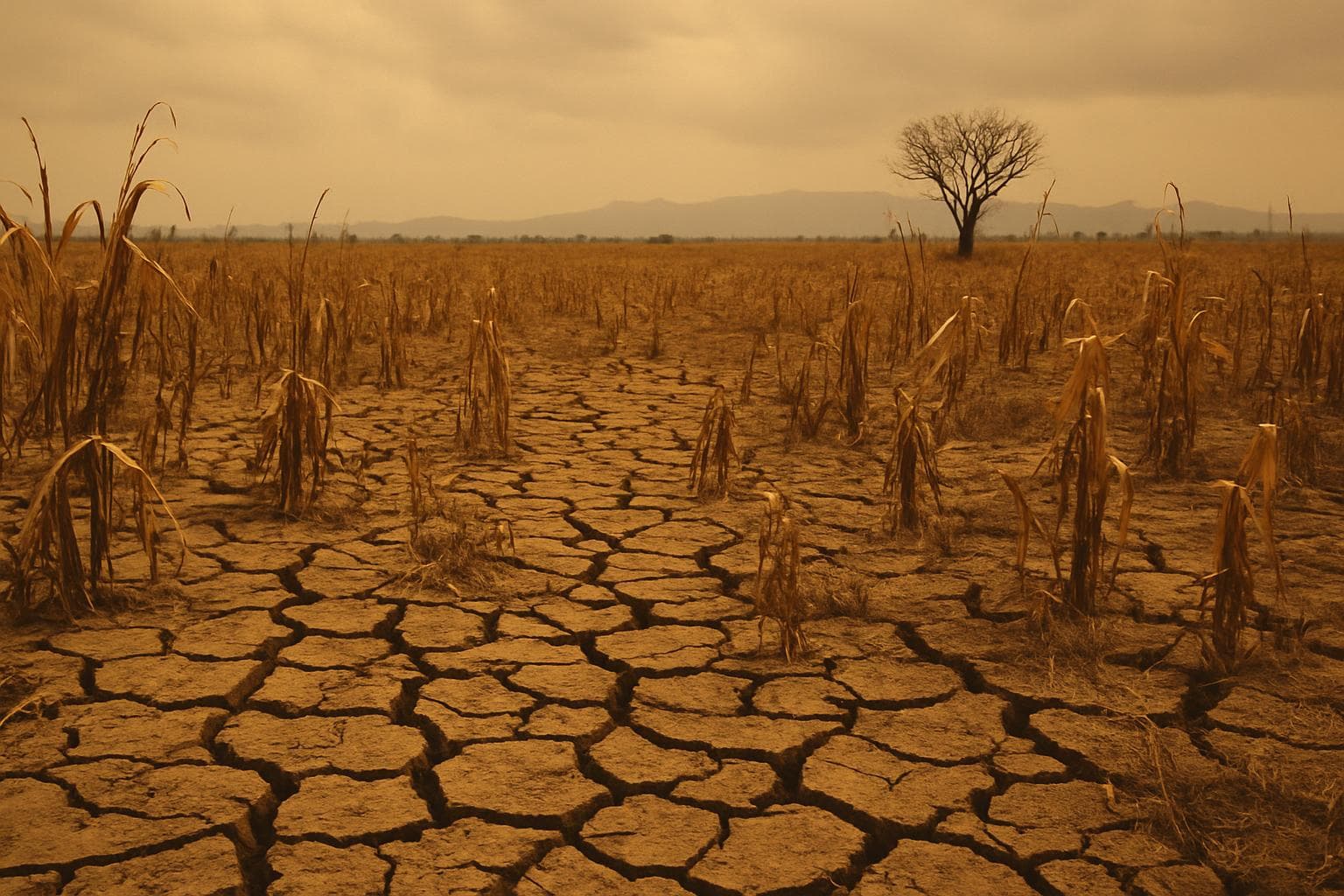 Parched earth and dying crops in a drought-stricken landscape