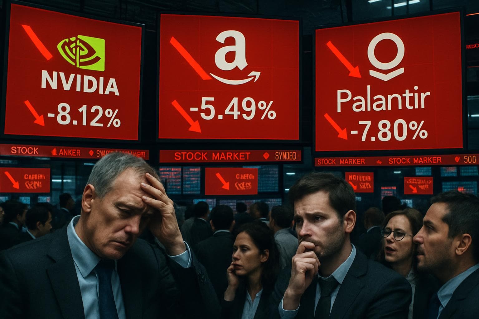 Investors watch stock markets decline with red arrows