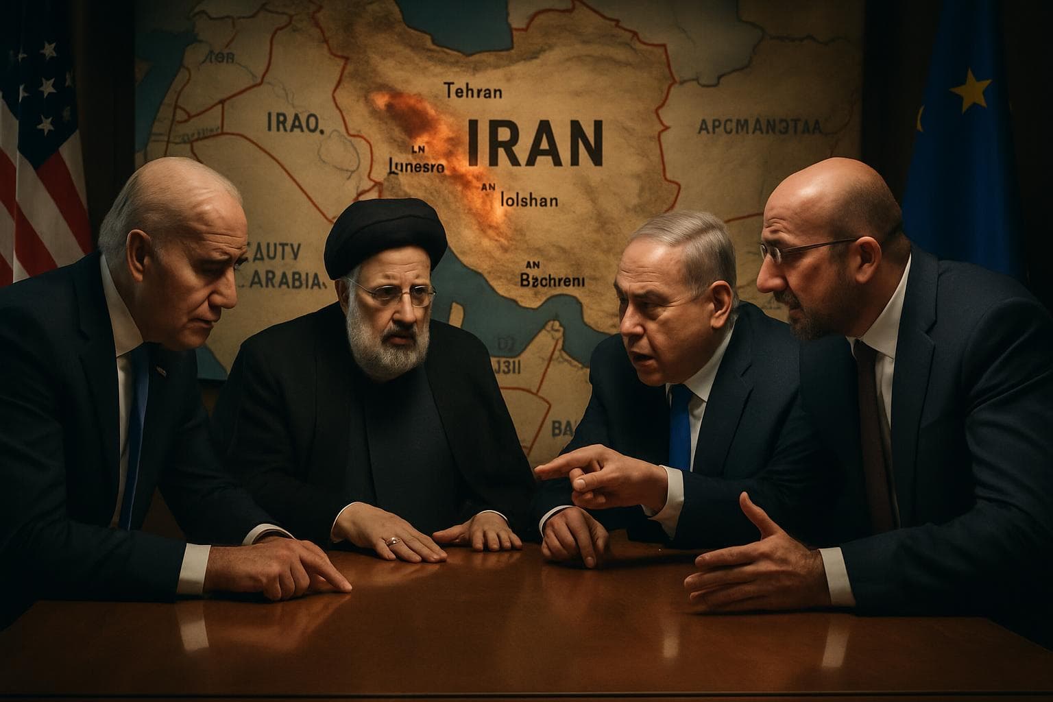 Global leaders at negotiation table with Middle East map