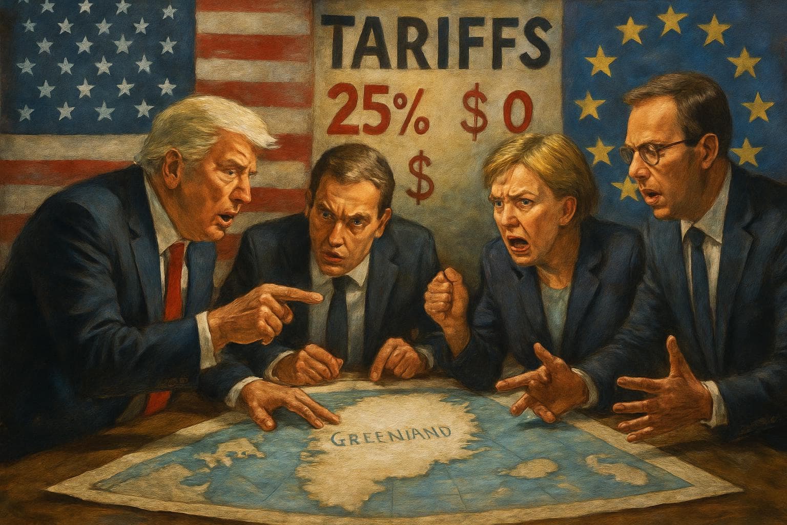 Global leaders in discussion over a map of Greenland