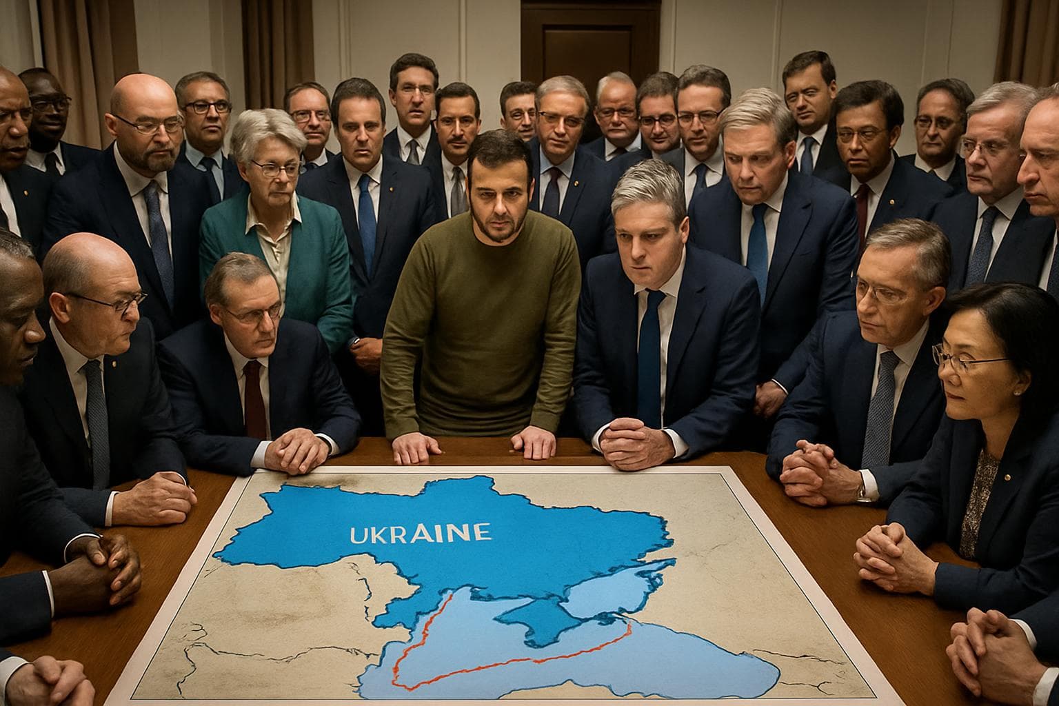 International leaders led by Zelensky and Starmer around a map