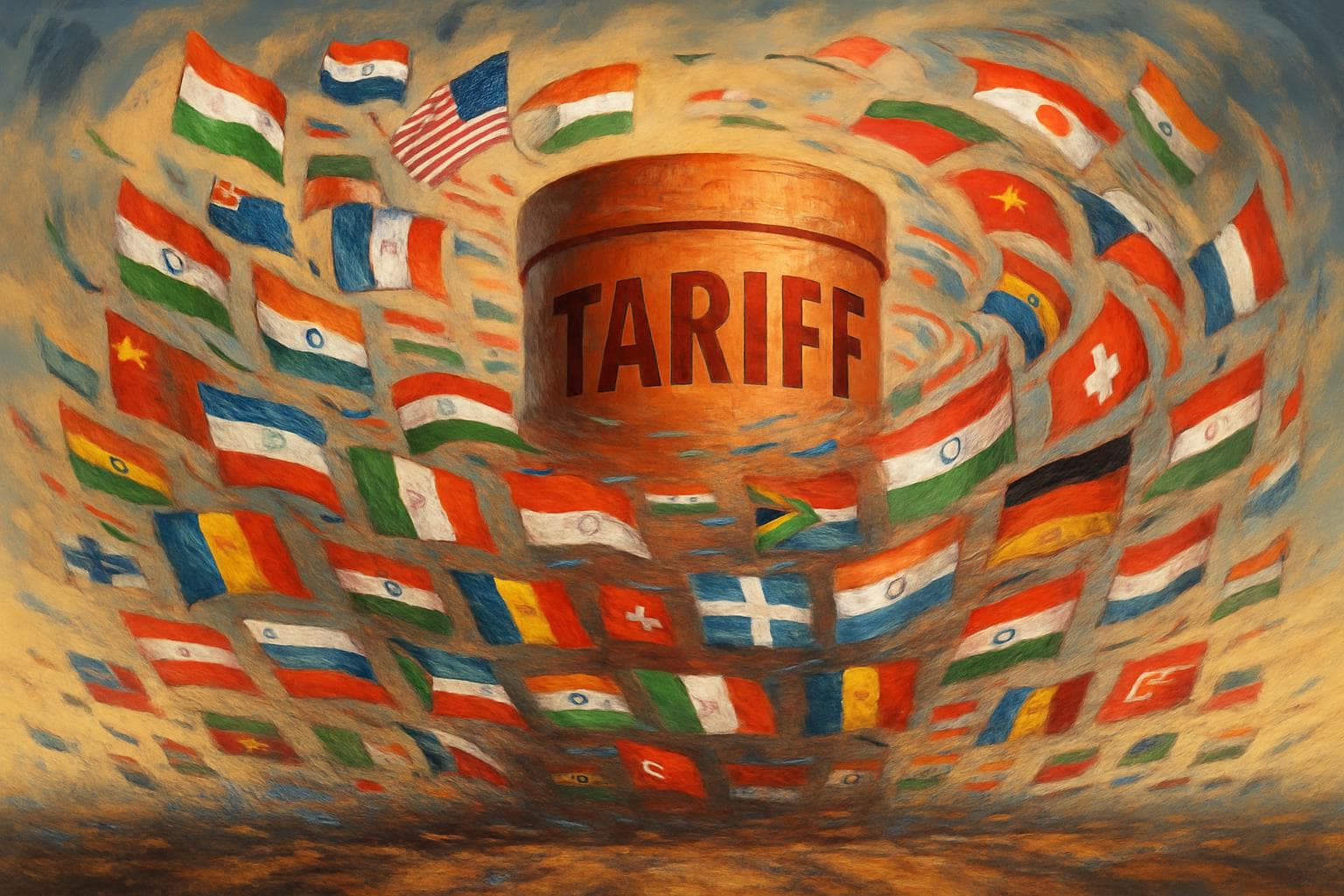 Flags of over 90 countries swirling around a tariff barrier