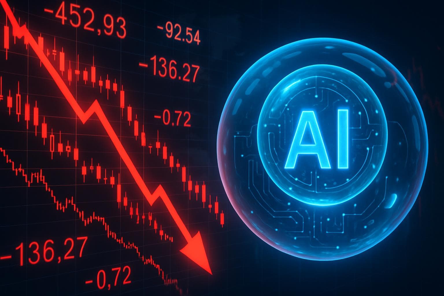 Stock market charts with downward trends and AI visuals