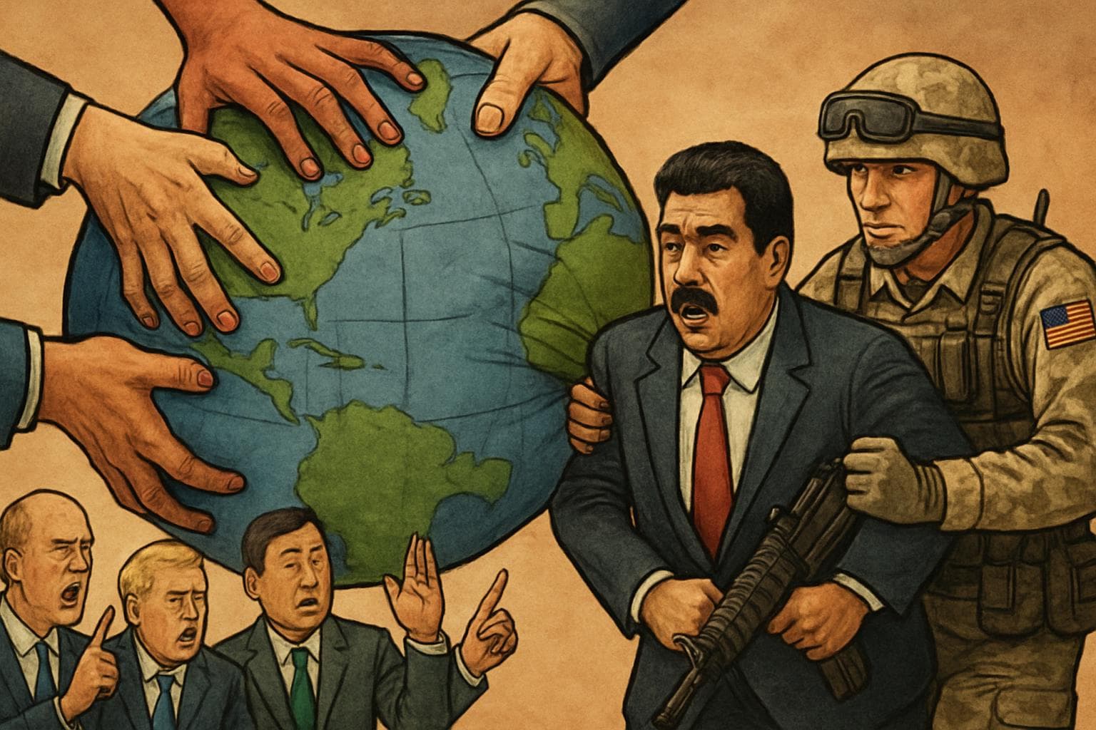 Globe with hands pulling and US military capturing Maduro