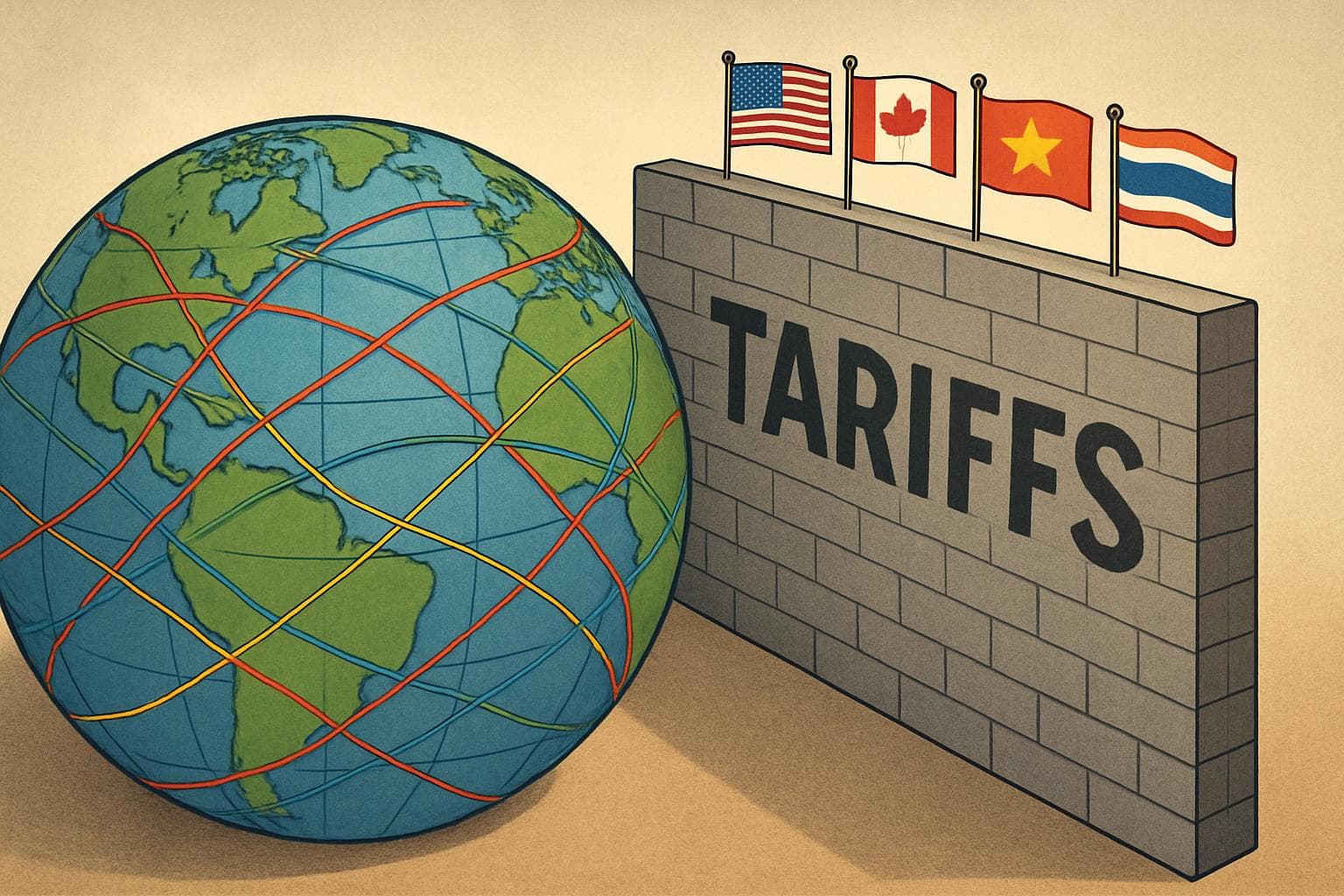 Globe with trade routes blocked by tariff wall and flags