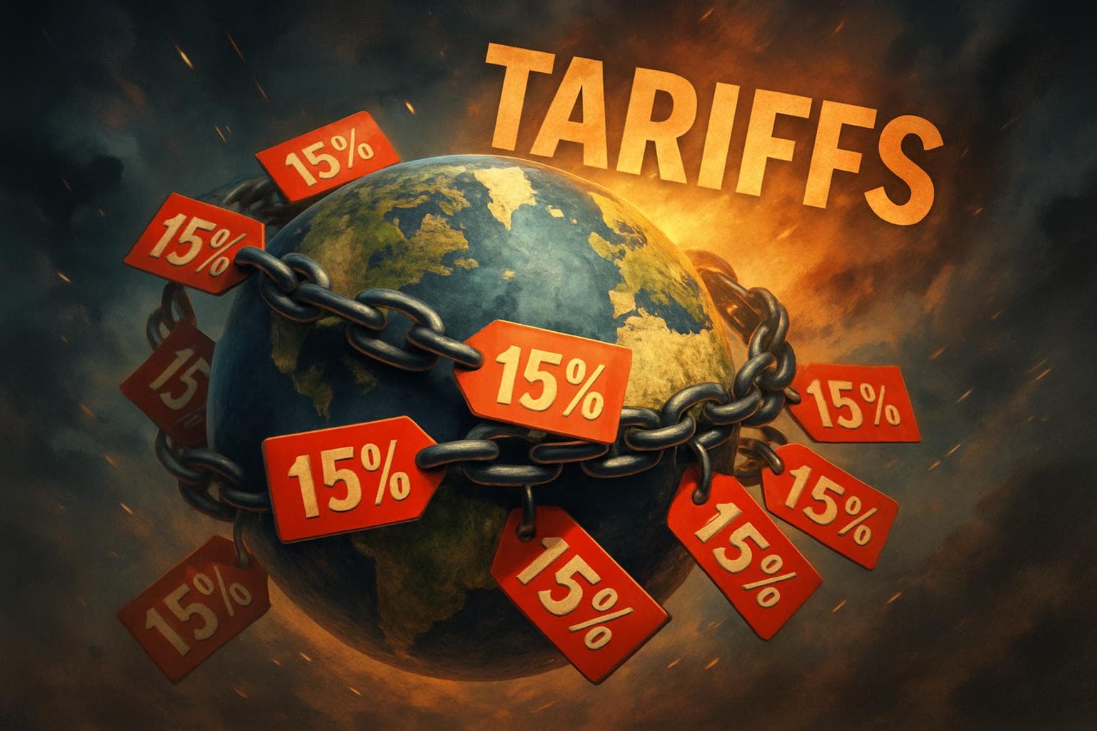 Globe wrapped in a chain of 15% tags symbolizing tariffs