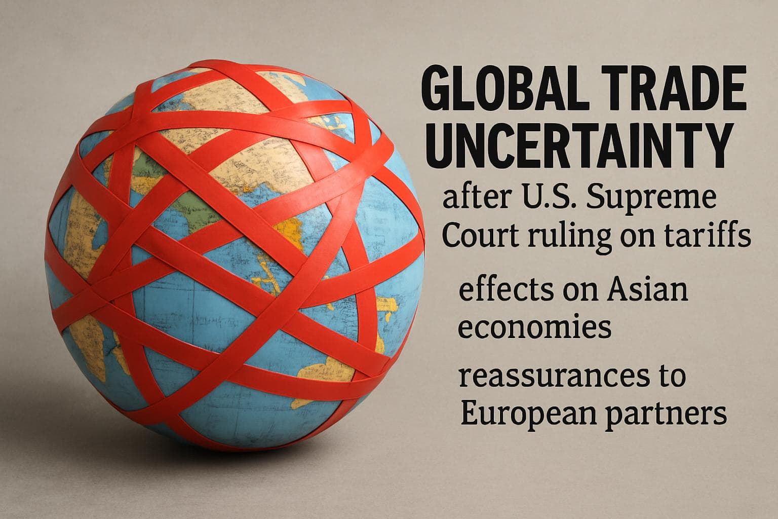 A globe wrapped in red tape symbolizing global trade uncertainty