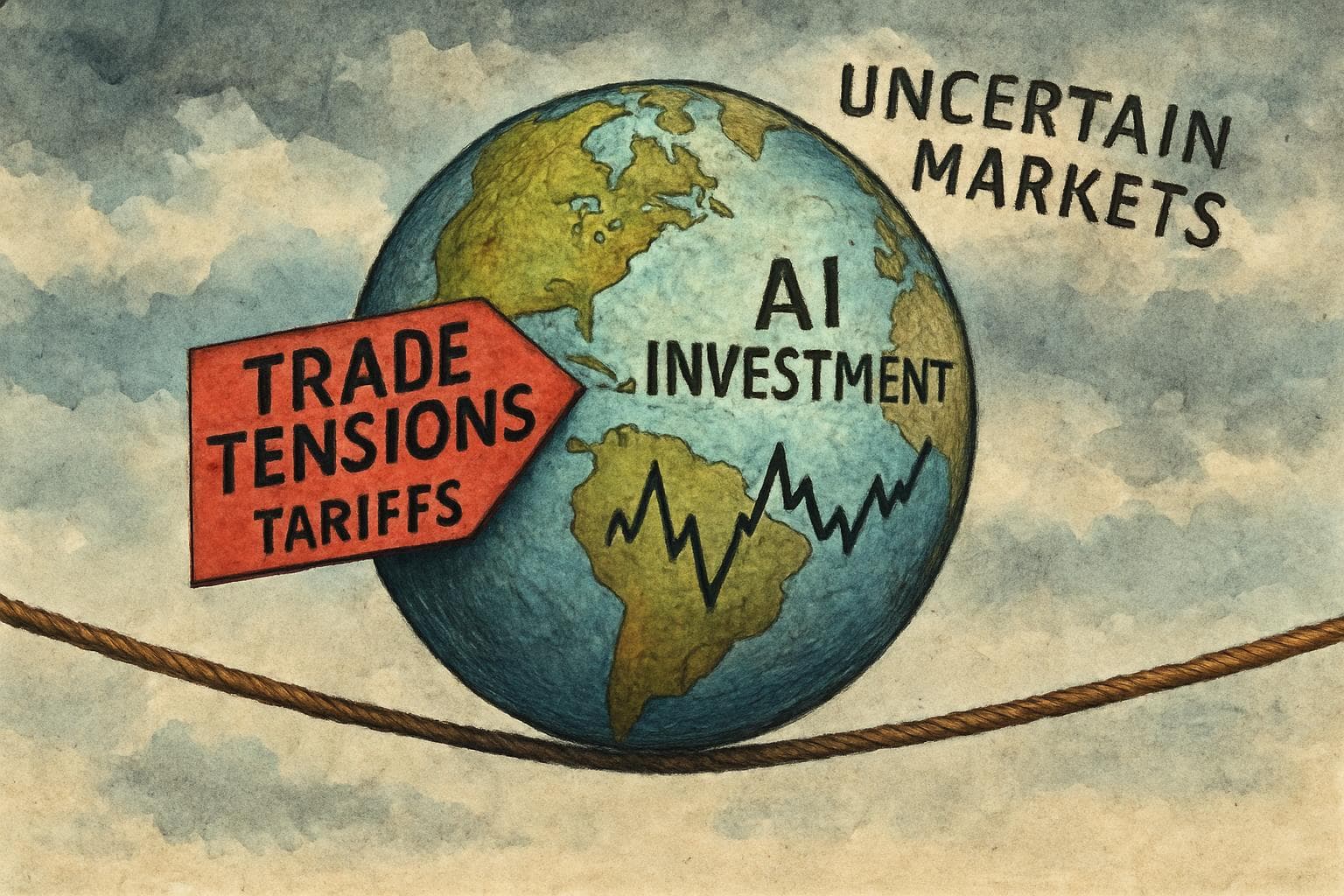 Globe balancing on a tightrope with economic symbols