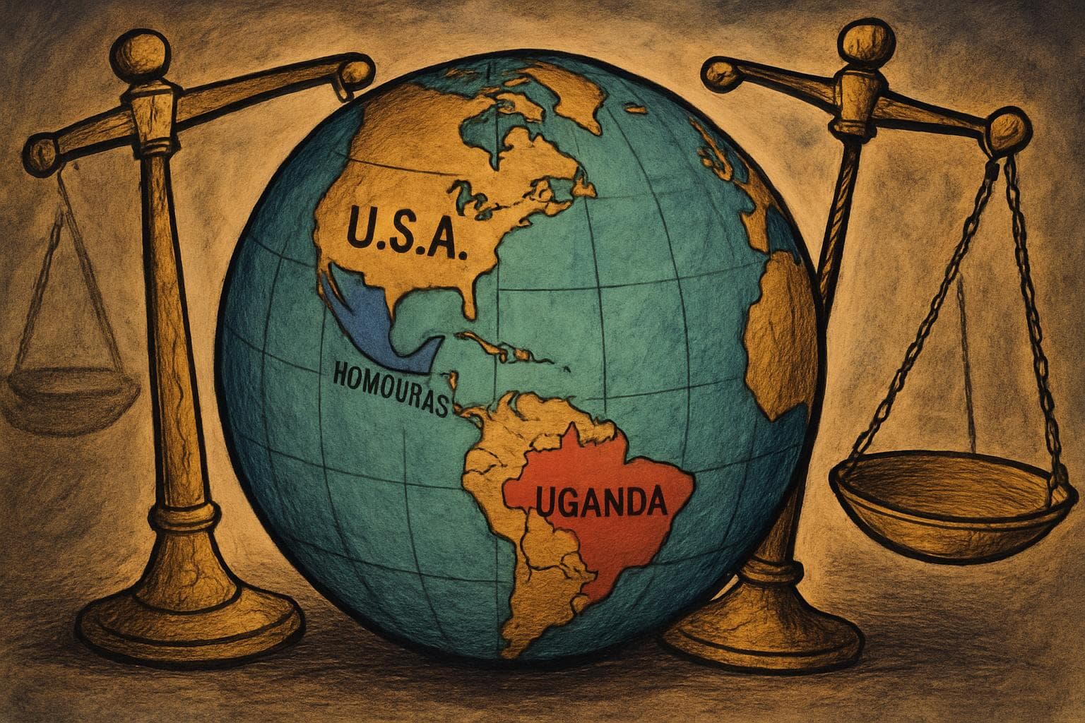 Globe highlighting US, Honduras, Uganda with uneven justice scales
