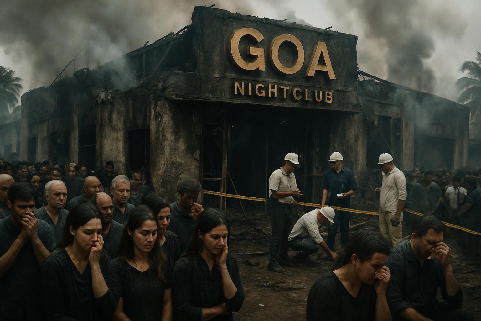 Mourners and investigators outside a burned nightclub in Goa