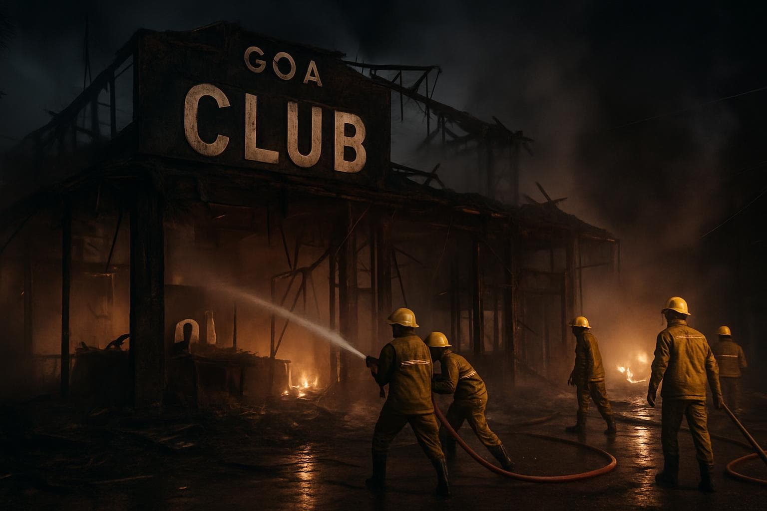 Firefighters working at a burnt nightclub in Goa at night