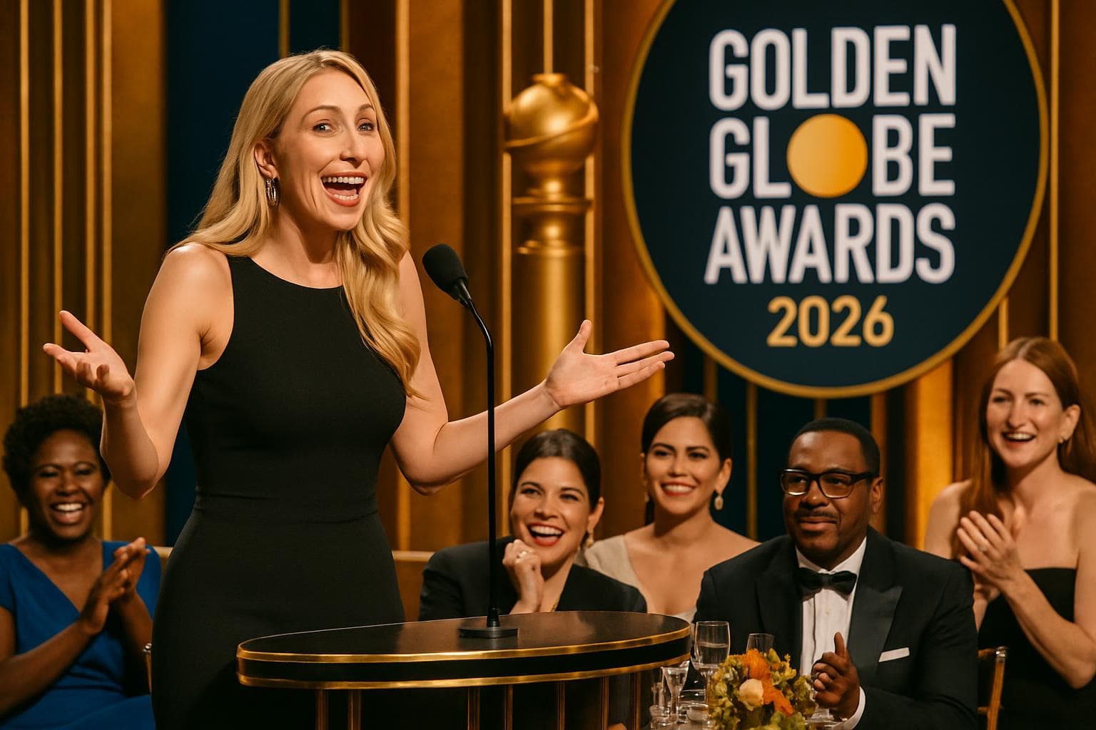 Nikki Glaser hosting the 2026 Golden Globes with celebrities