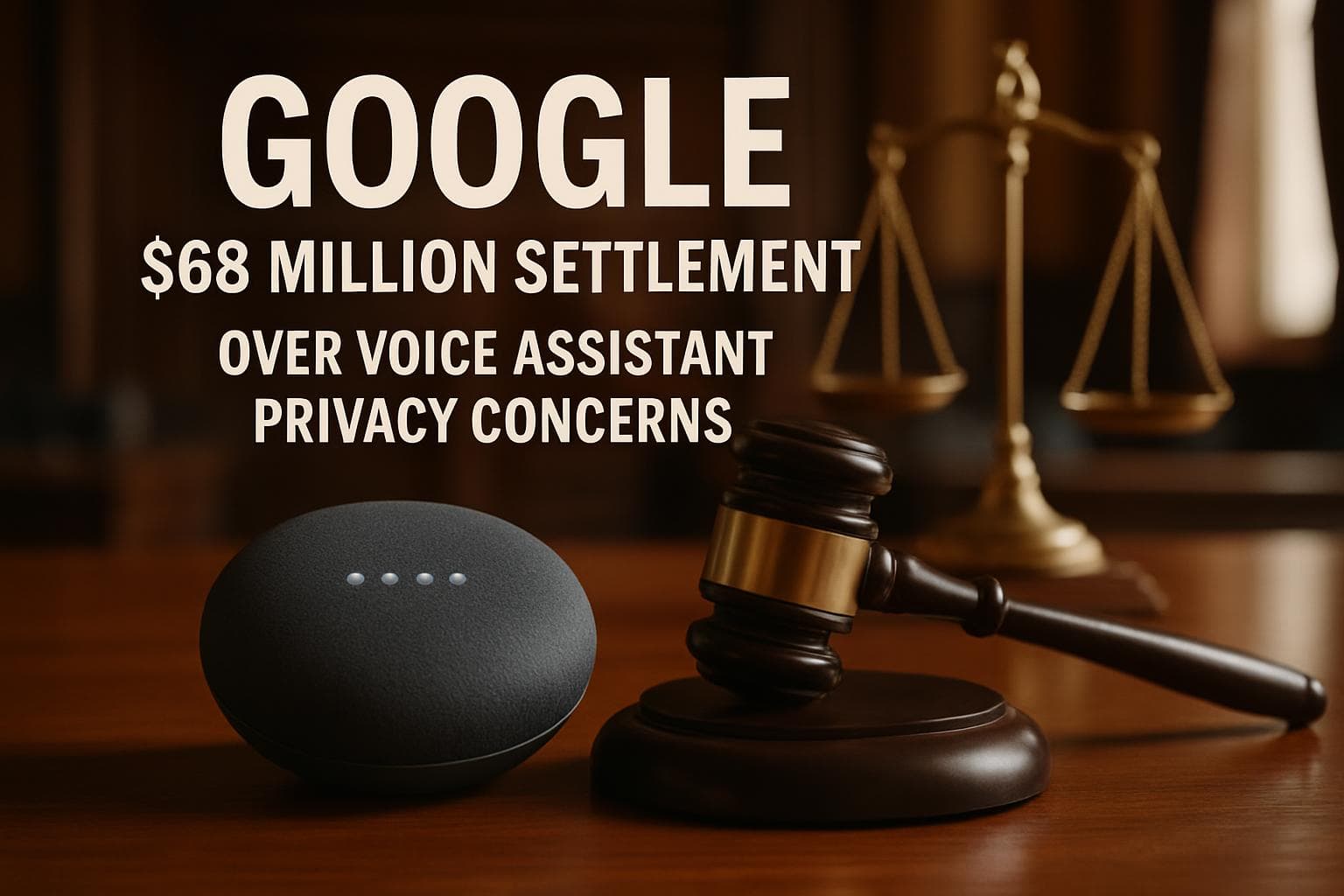 Courtroom scene with gavel and voice assistant device